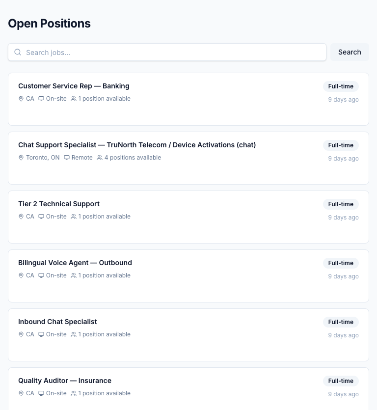 Public job board on the candidate portal — every open requisition with LOB, location, employment type, and onsite/remote/hybrid badges. Routes are tenant-scoped (/portal/[tenant]/careers) so each BPO publishes under its own brand without a separate ATS.