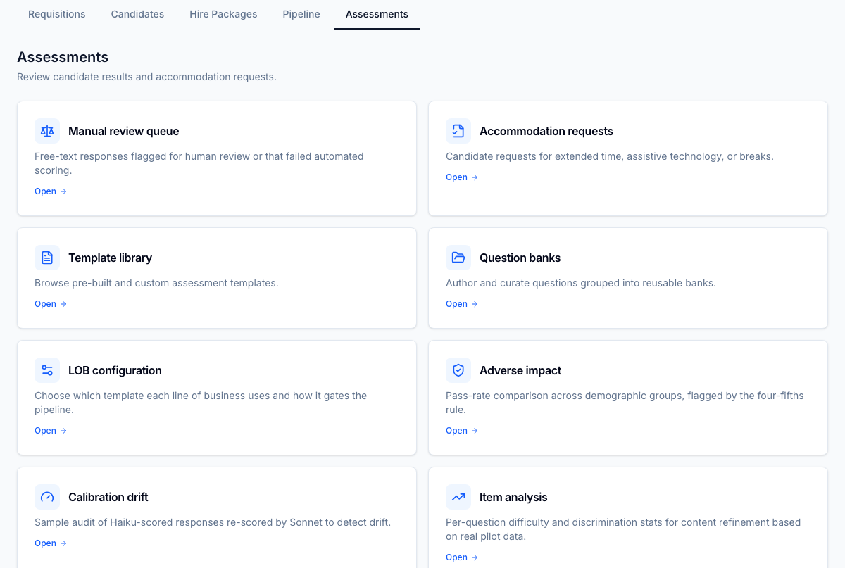 Native assessment engine — pre-hire assessments built into the recruiting flow.