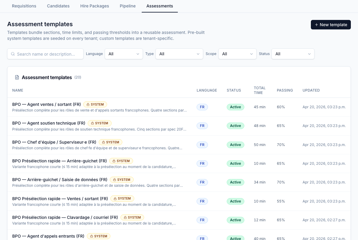 Assessment templates — every prebuilt + custom template with language, status, total time, passing-score threshold, and last-updated state.