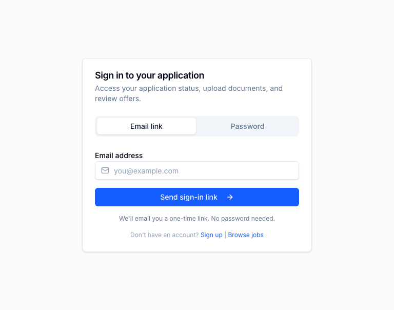 Candidate portal sign-in — tenant-branded login + register flow. Native email/password plus social identity providers, all scoped to the BPO's tenant. Candidates land directly in the portal that drives their application.