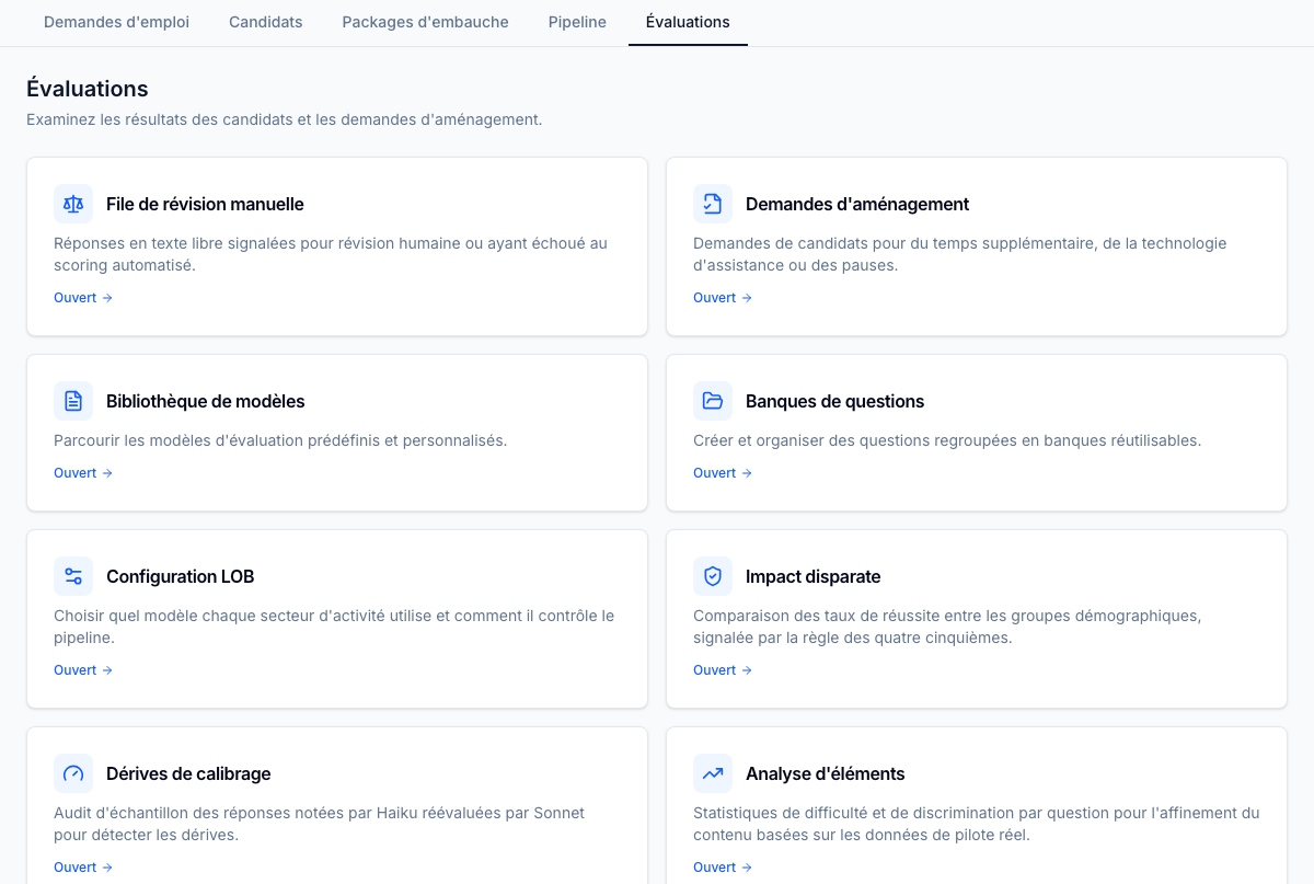 Moteur d'évaluation natif — évaluations préembauche intégrées directement dans le processus de recrutement.