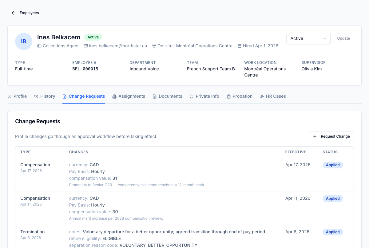 Per-employee Change Requests tab is where a new change starts — every type listed has its own approval chain, required fields, and downstream effects.
