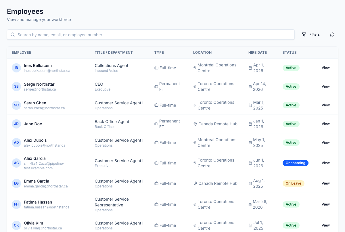 Every change starts at the employee record — the system of record HR partners and managers work from.