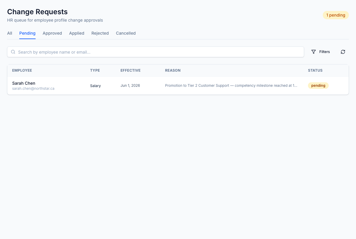 Future-dated changes are queued in the Pending tab — the effective date drives when the change actually applies.