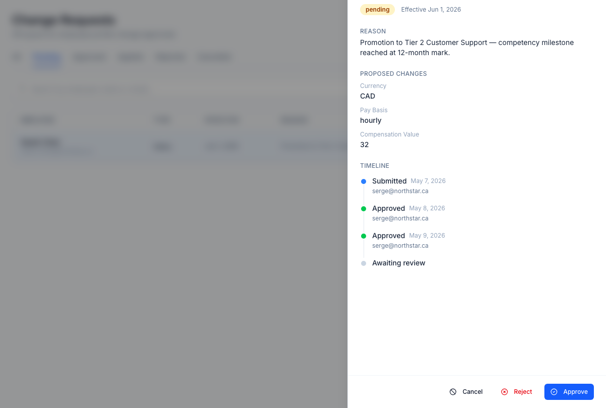 Approved-but-future change holds in queue until its effective date, applied automatically without a planner re-touch.