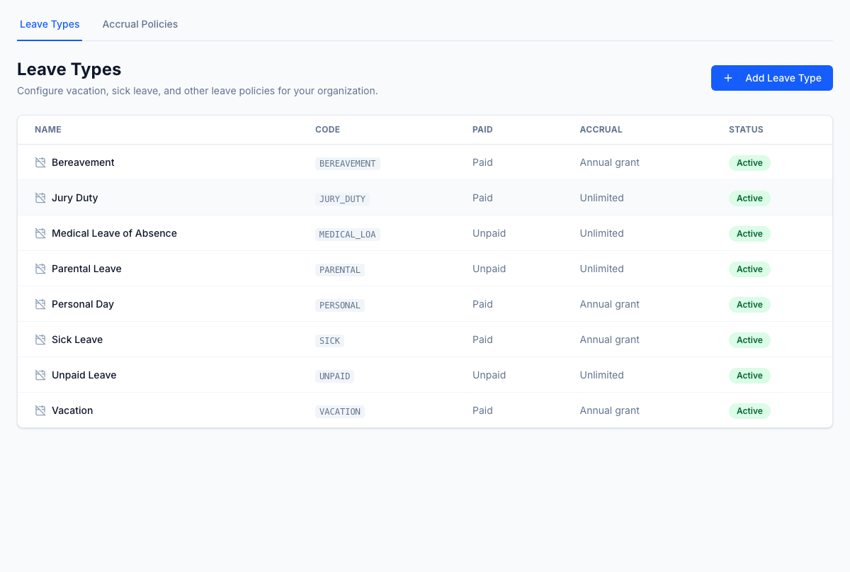Administration des politiques de congés — règles d'accumulation, admissibilité, plafonds de report et ajustements de solde par type de congé. Configurable par le client, sans intervention de développement.
