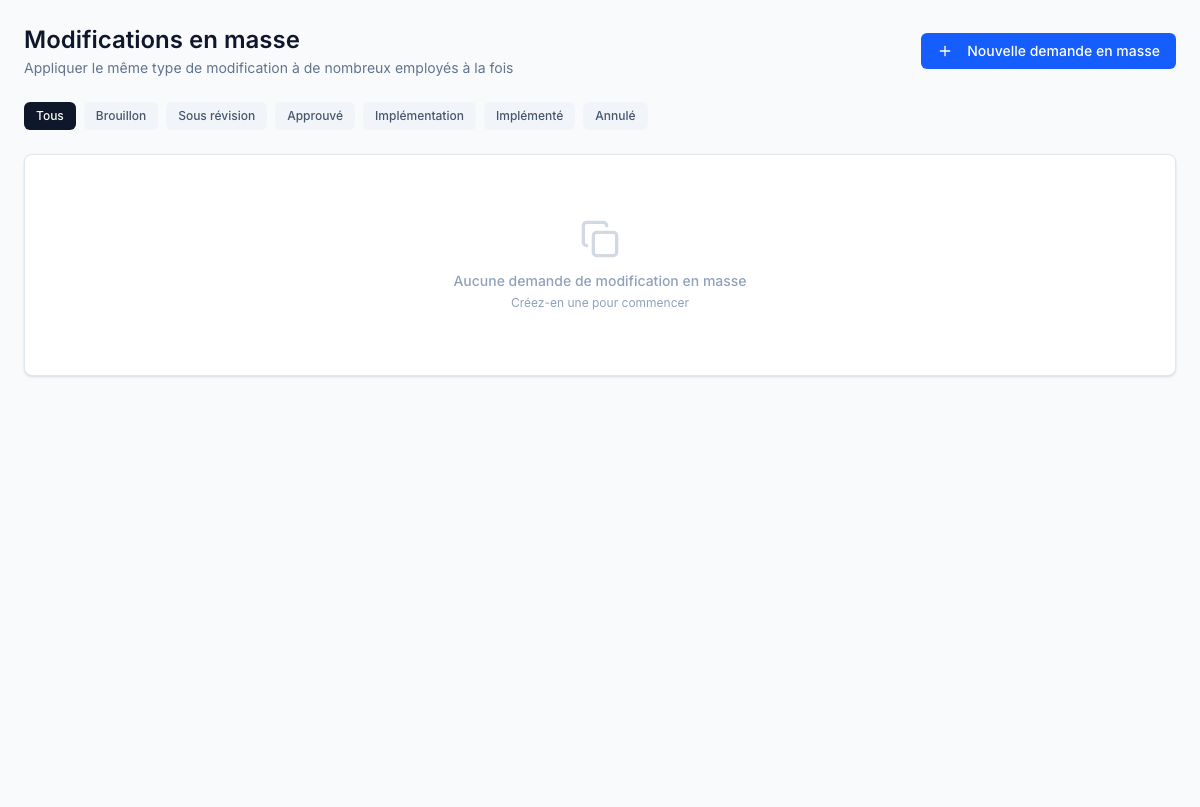 Téléverseur de modifications en bloc — importations CSV pour les cycles de mérite annuels et les réorganisations.