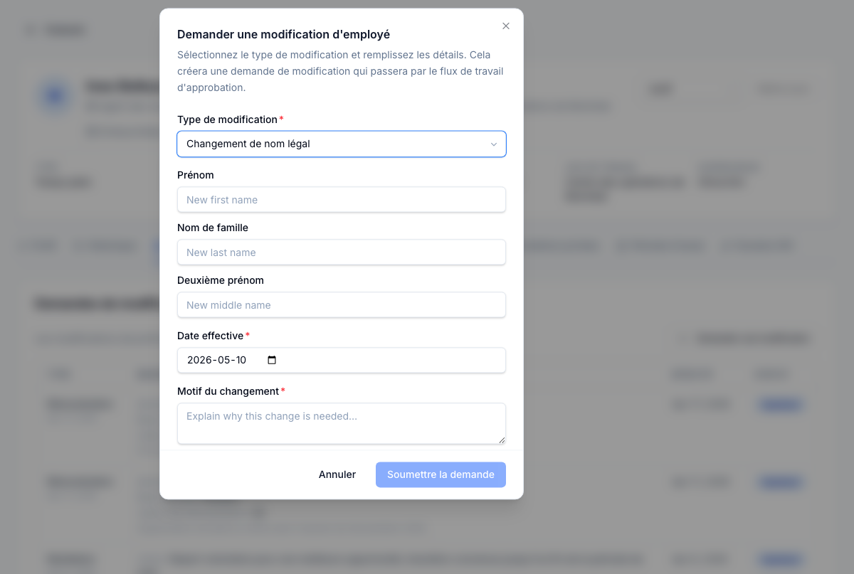 Seize types de modification — du salaire au poste, du nom légal à la cessation d'emploi — chacun avec ses champs et son routage propres.