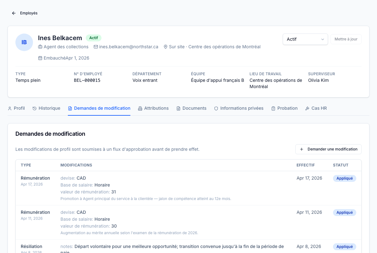 Onglet Demandes de modification par employé — modifications en attente, approuvées, appliquées et rejetées pour cette personne, avec piste d'audit complète.