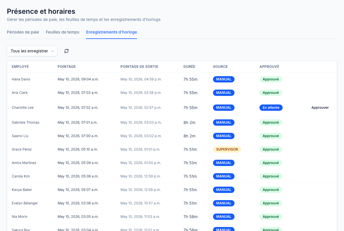 Pointages — toutes sources (manuel, superviseur, borne, CTI) avec durée, état d'approbation et flux d'export paie en aval.