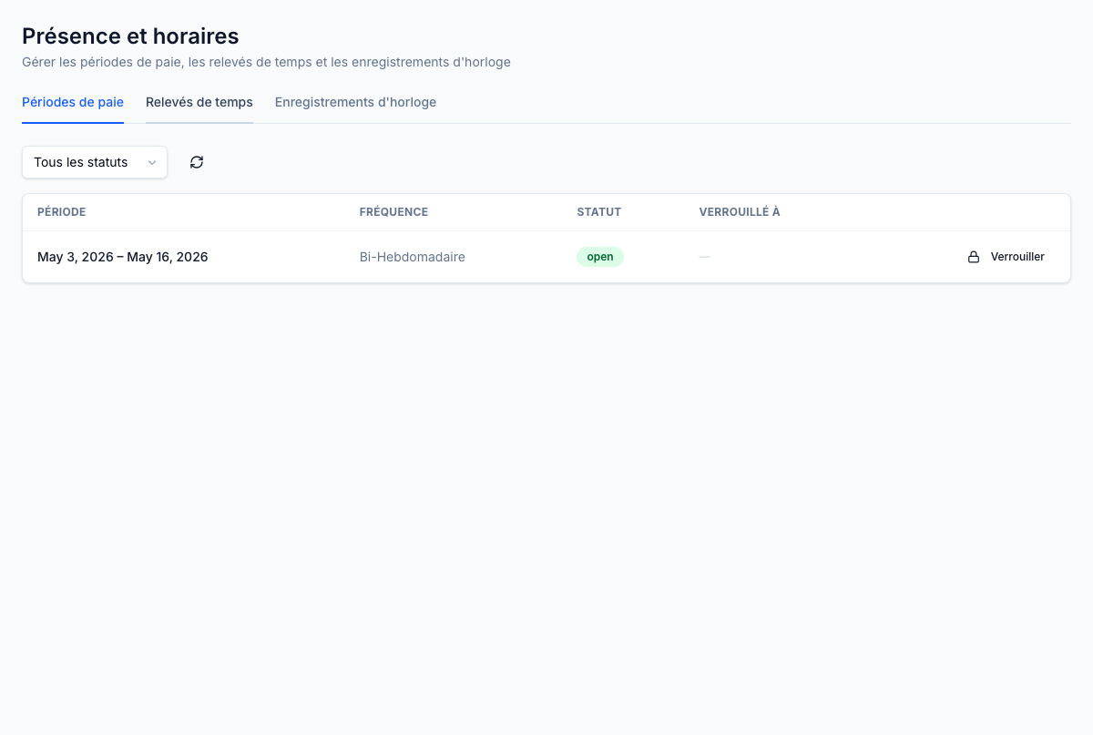 Périodes de paie — fenêtres de feuilles de temps organisées pour la révision du superviseur et la coupure paie, avec statut par période et verrous.