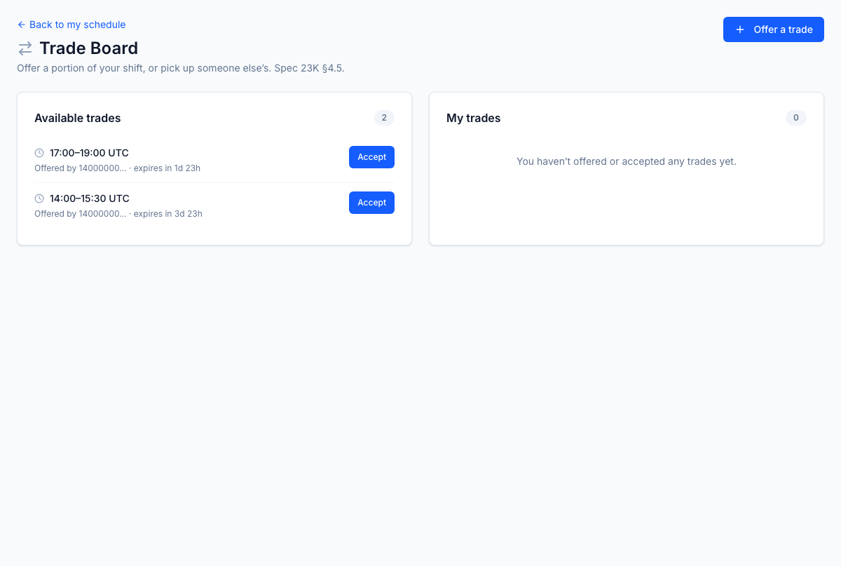 Tableau d'échanges — offrez les tranches de début ou de fin de votre propre quart, acceptez des échanges des agents que vous êtes admissible à remplacer, retirez vos propres offres. Filtré par admissibilité LOB pour que les agents ne voient que les échanges qu'ils pourraient réellement engager.