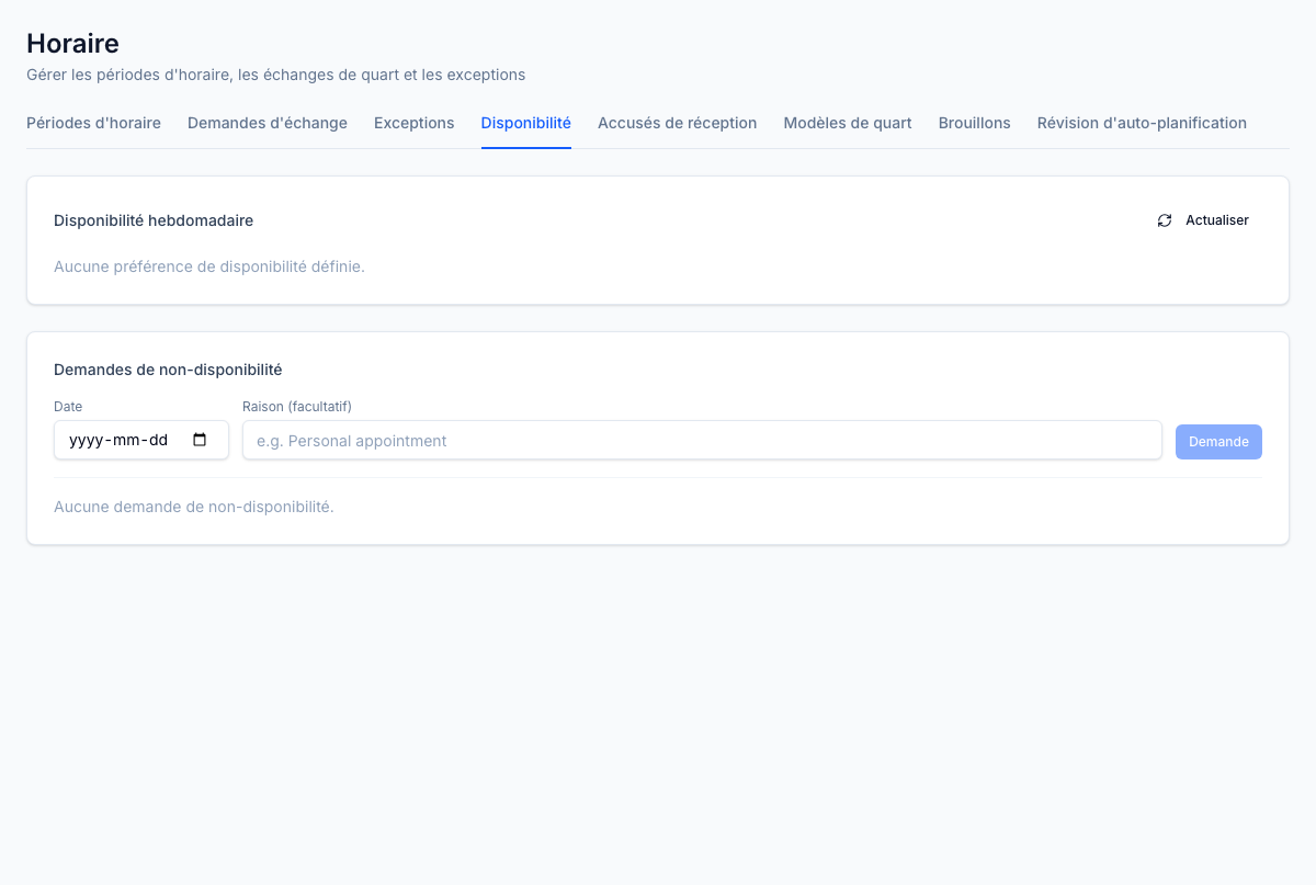 Disponibilité et fenêtres d'indisponibilité — la disponibilité récurrente de chaque agent et ses indisponibilités ponctuelles alimentent l'attribution selon les règles de priorité configurées.