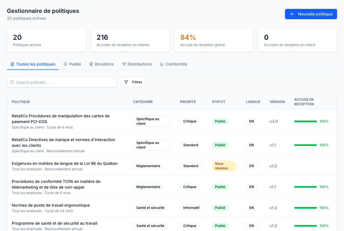 Bibliothèque de politiques — chaque politique active avec catégorie, priorité, version, langue et progression de l'accusé de réception en un coup d'œil.