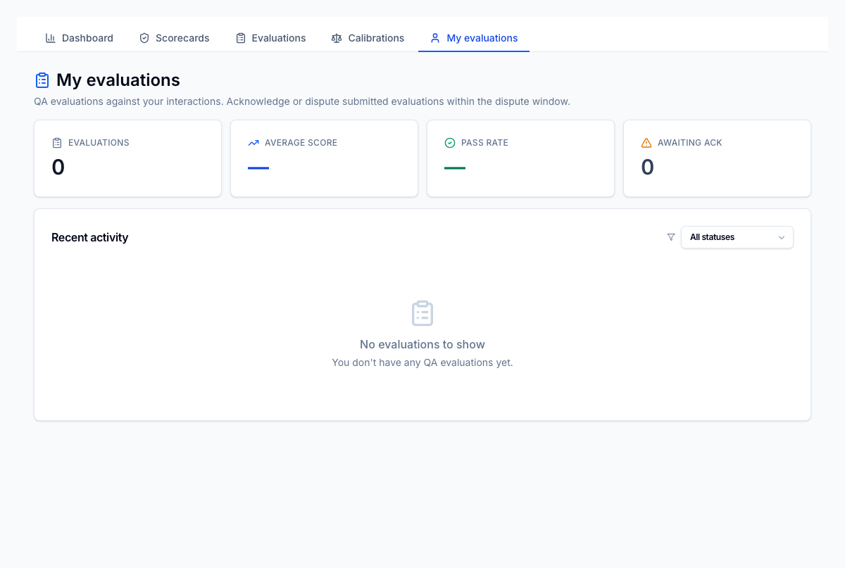 Personal evaluation queue — agents see their own evaluations and can dispute findings in-app.
