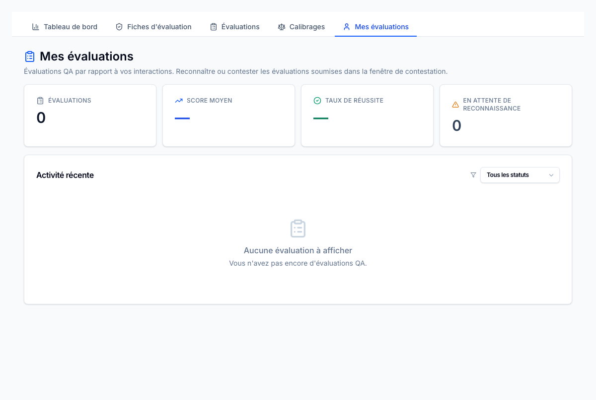 File d'évaluation personnelle — les agents voient leurs propres évaluations et peuvent contester les conclusions directement dans l'application.
