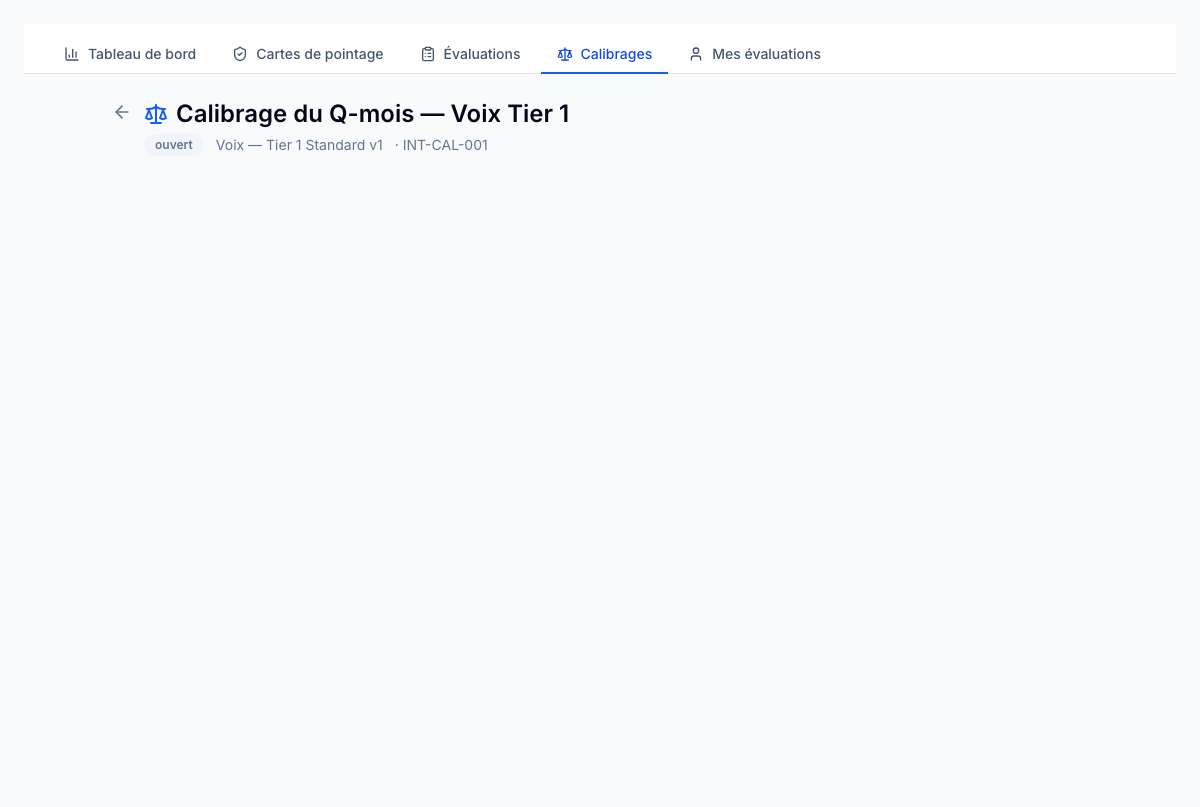 Détail de la session — pointages aveugles par évaluateur, analyse de variance, notes de discussion et résultat de résolution qui devient l'enregistrement de calibrage.