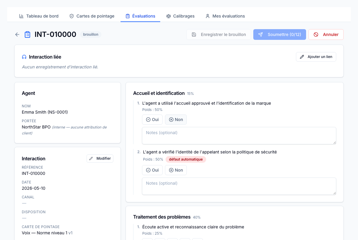 Détail de l'évaluation — pointage section par section selon la grille publiée, fenêtre de contestation pour l'agent et chronologie de résolution.