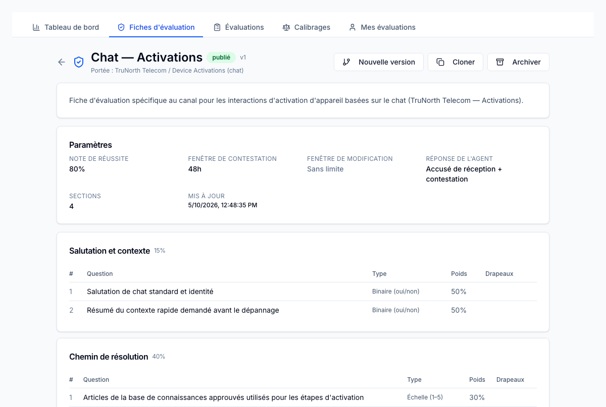 Vue de création de fiche d'évaluation — sections, questions pondérées et cumuls de section en temps réel dans un seul formulaire.
