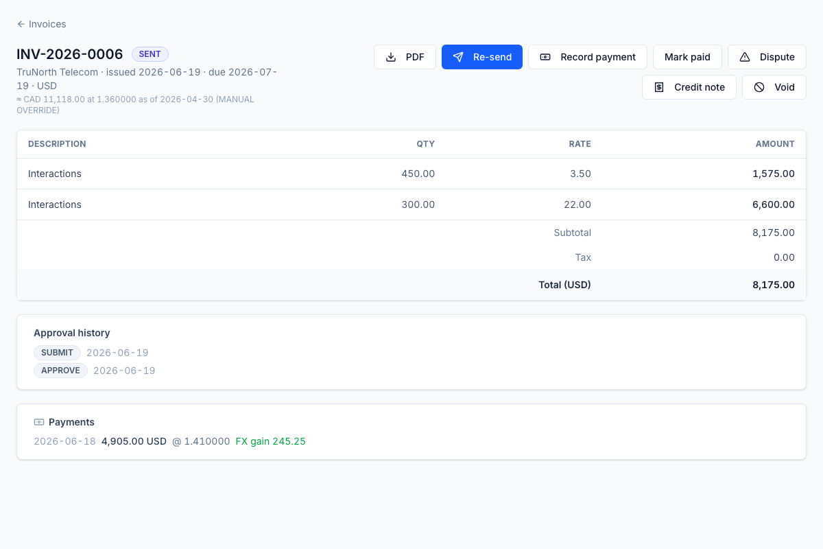 Invoice detail: line items, approval history, payments, plus dispute and credit-note actions on one record.