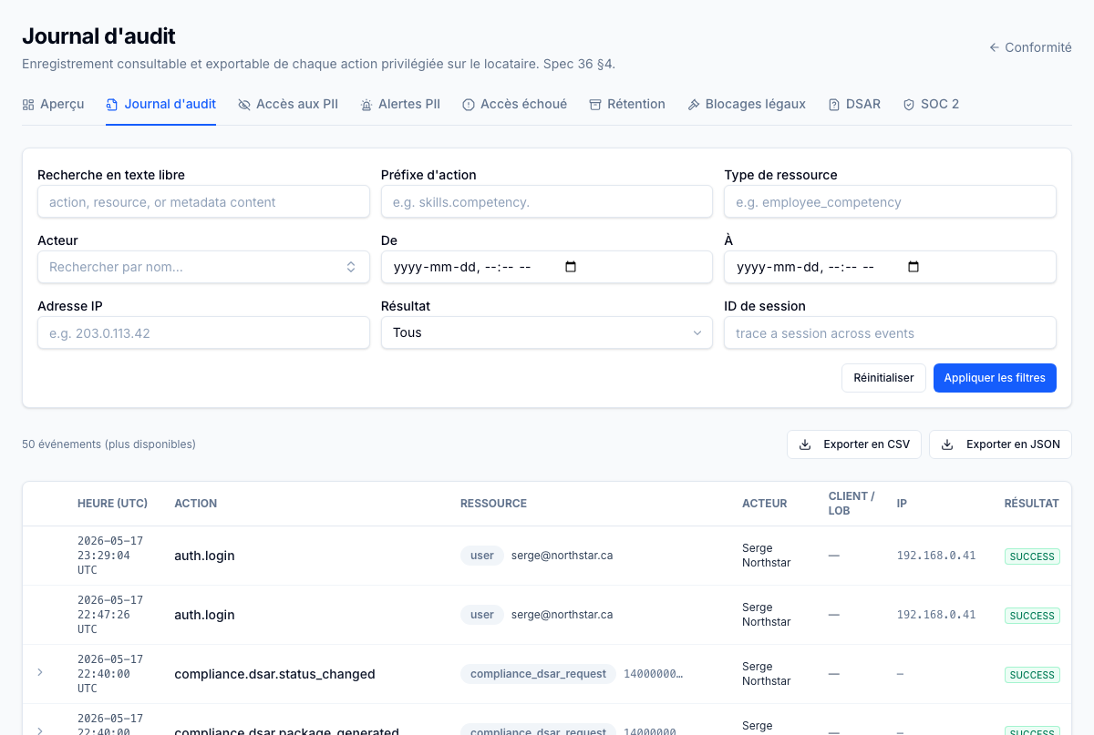 Journal d'audit unifié — chaque événement d'audit de chaque module dans une vue unique consultable et exportable. Filtrez par acteur, action, ressource, résultat, identifiant de session et plage de dates; les ID de ressources se résolvent en noms lisibles; les exports CSV / JSON s'exécutent en tâche asynchrone pour qu'un export d'un million de lignes ne fasse pas planter l'interface.