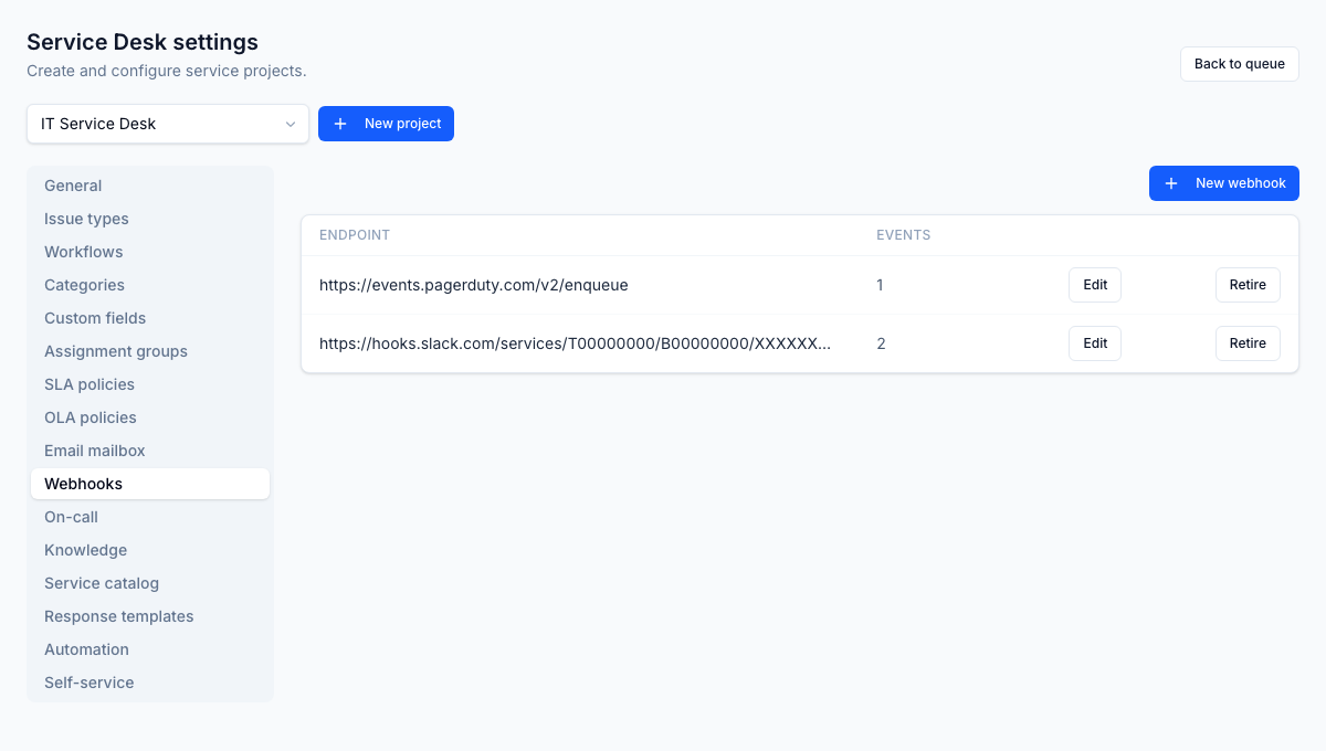 Les webhooks sortants poussent les événements de billets et d'incidents vers Slack, PagerDuty ou tout autre point de terminaison, avec des charges utiles signées.