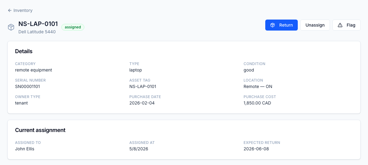 Attribution — attribuez ou retirez un appareil à un agent avec une date de début et de retour prévu. Le grand livre impose une seule attribution ouverte par article.
