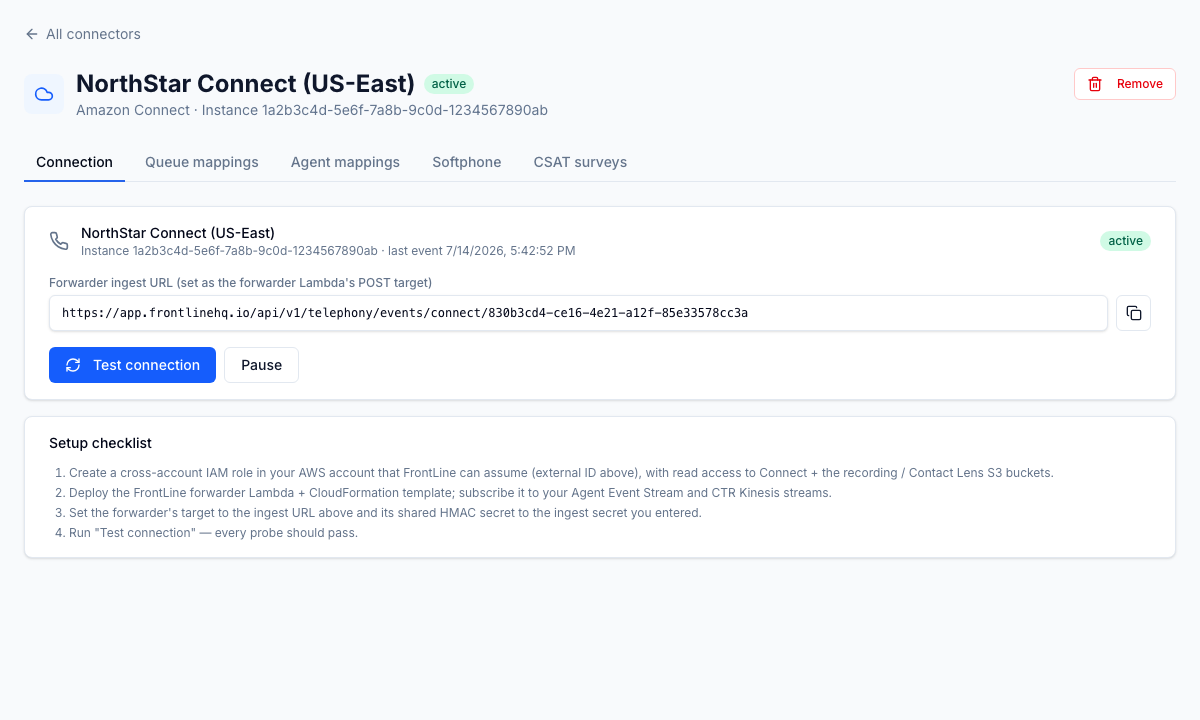A connected Amazon Connect instance: active status, the forwarder ingest URL, and the cross-account IAM role and Lambda setup. Connect has no native webhook, so FrontLine reads contact records through a small forwarder in your own AWS account.