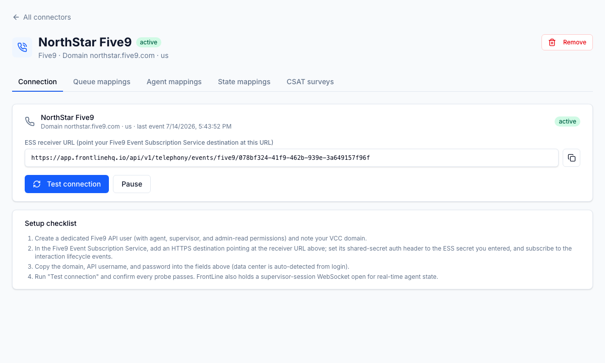A connected Five9 integration: the ESS receiver URL and data centre. Five9 splits its realtime surface, so FrontLine pairs the event webhook with a supervisor-session WebSocket for live agent state.