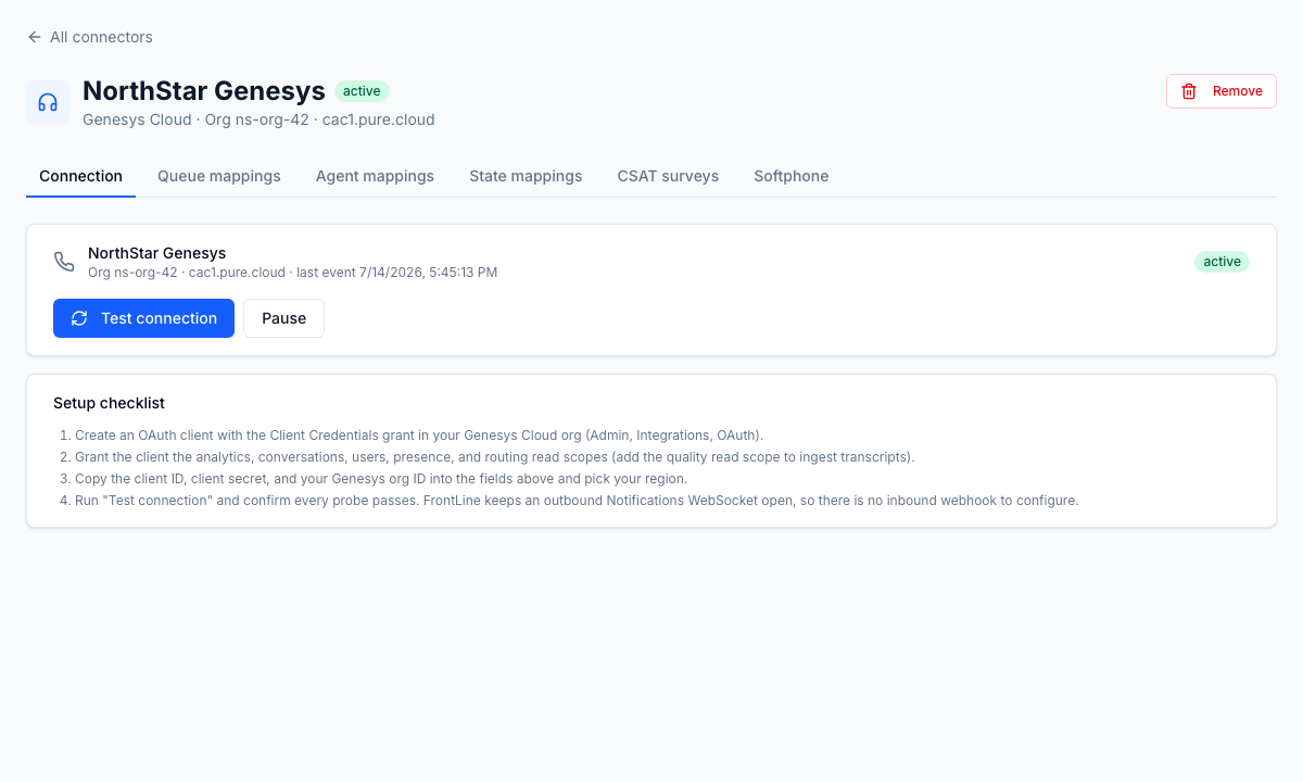 A connected Genesys Cloud org: OAuth client credentials, the regional host, and the native Notifications WebSocket the adapter keeps open, so there is no inbound webhook to configure.