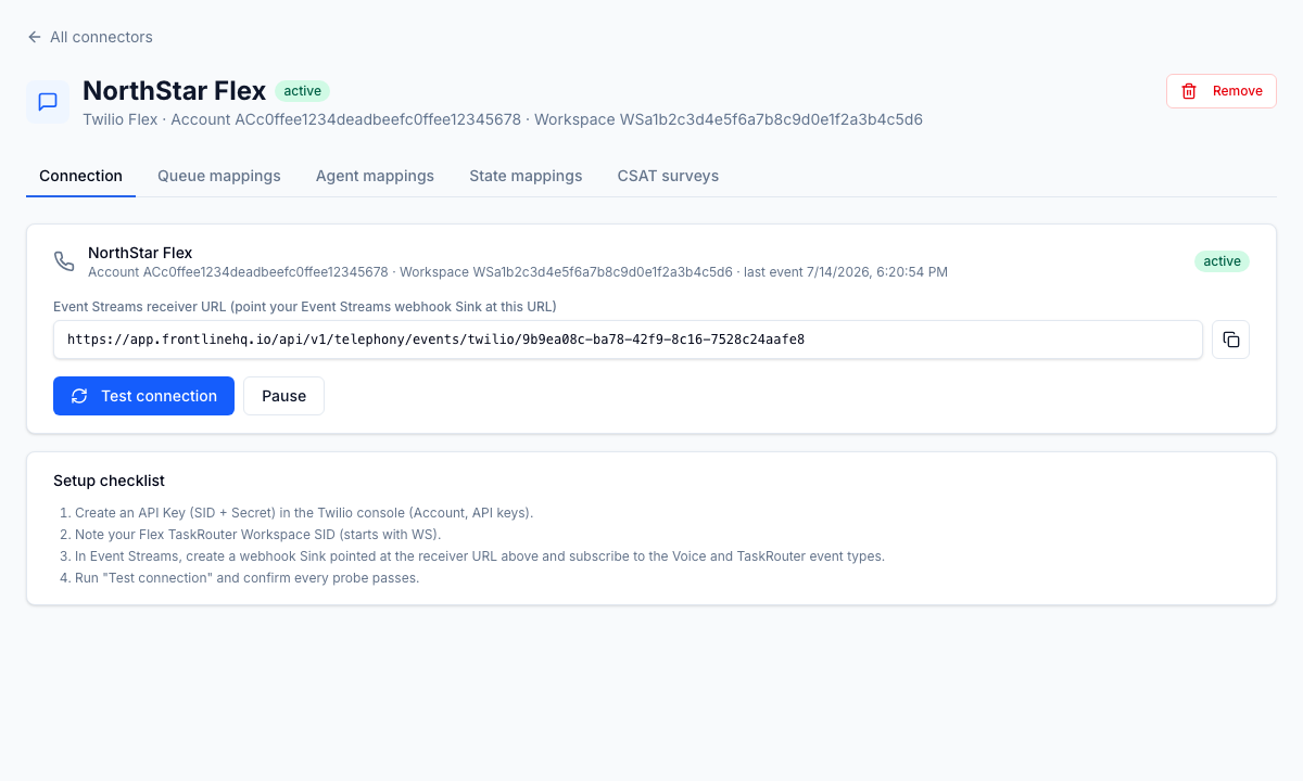 A connected Twilio Flex integration: active status, the Event Streams webhook receiver URL, and the setup checklist. FrontLine ingests Voice and TaskRouter events over Twilio Event Streams.