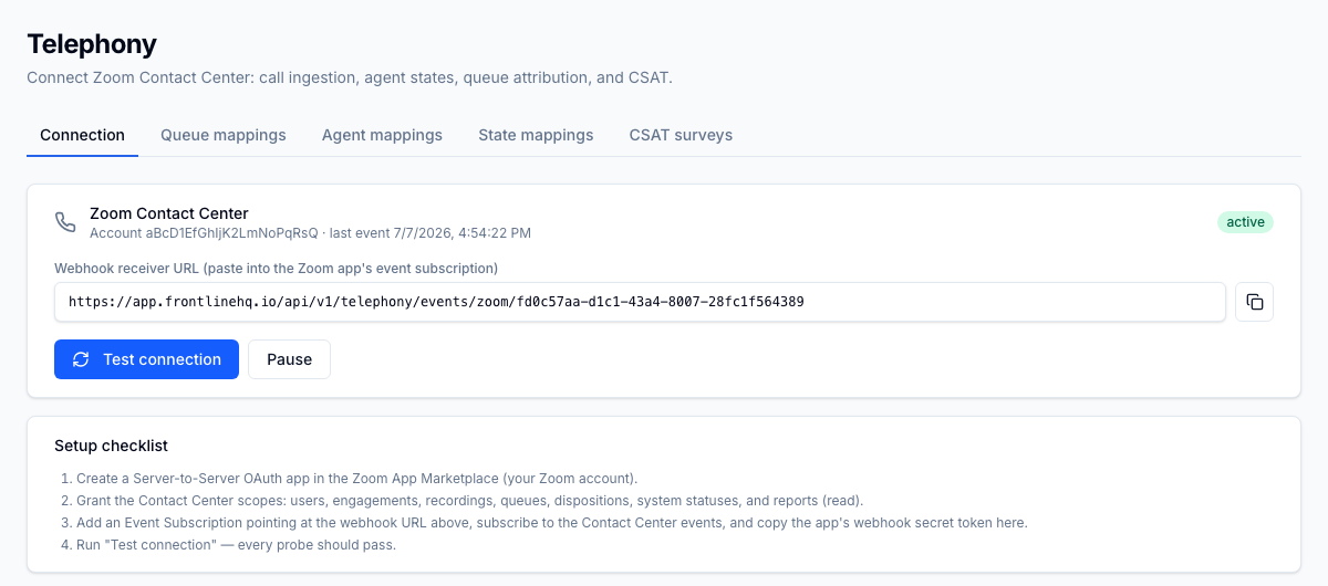 Une intégration Zoom Contact Center connectée : statut en direct, URL du récepteur de webhook signé, test de connexion par capacité, et contrôle de pause et de reprise.